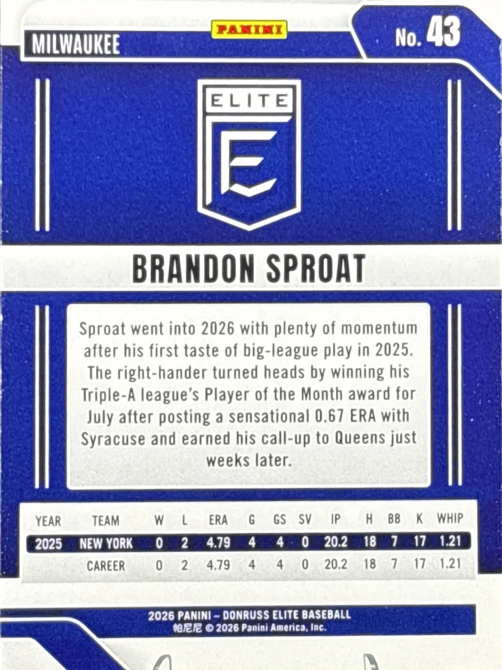Panini Elite Green Wave Parallel Brandon Sproat Baseball Rookie Card LE 28/399